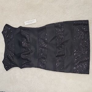 NWT Maggy London black sequins & silky material striped dress, size 4 petite